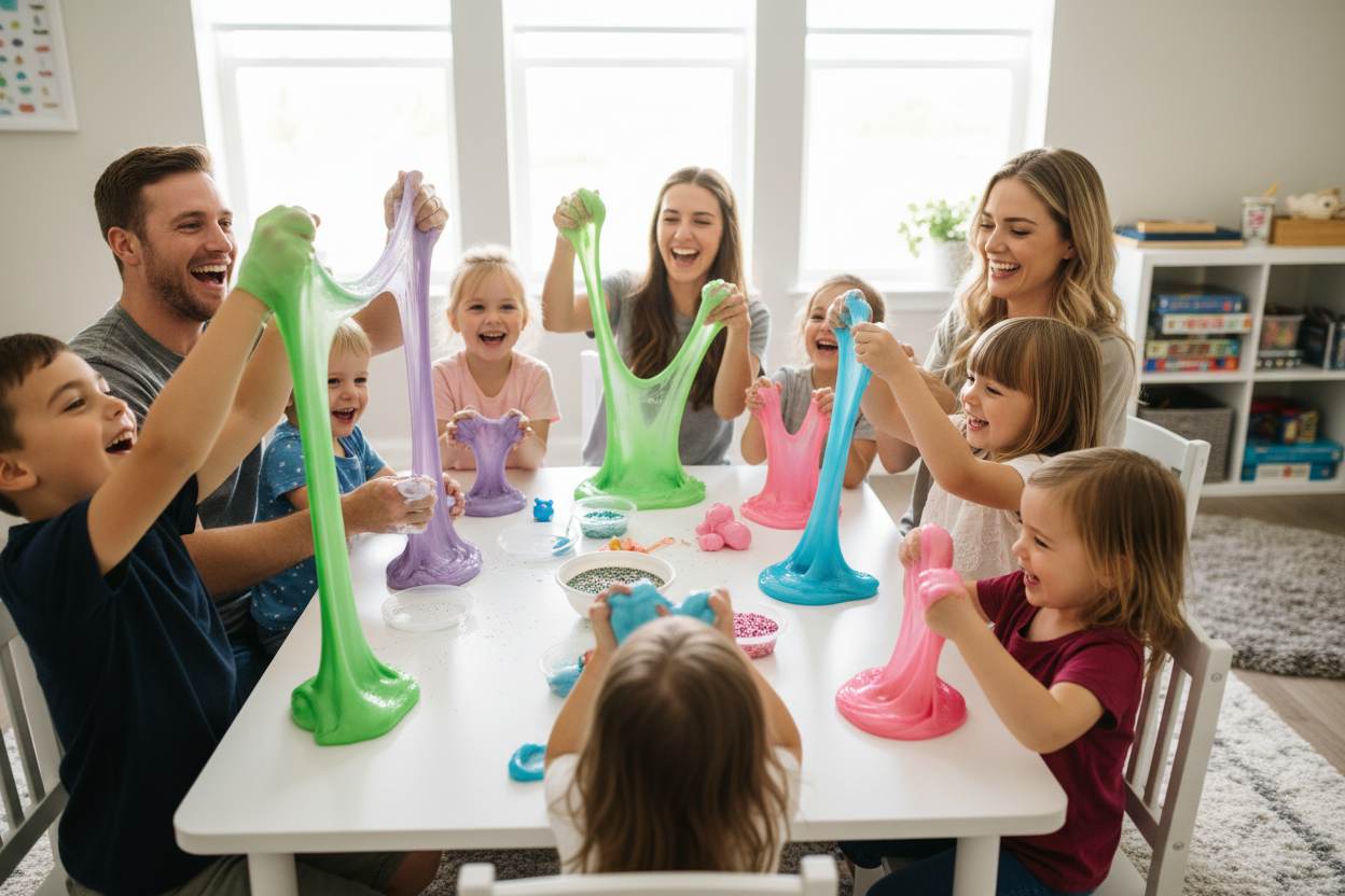 children and adults playing with slime together
